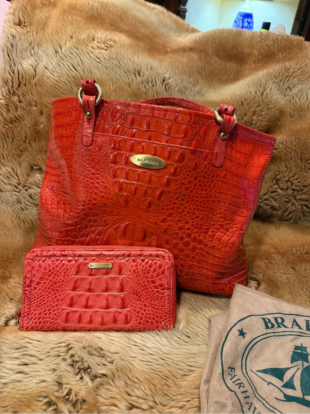 Brahmin Red Croc-Embossed Tote with Matching Wallet - Picture 1 of 3